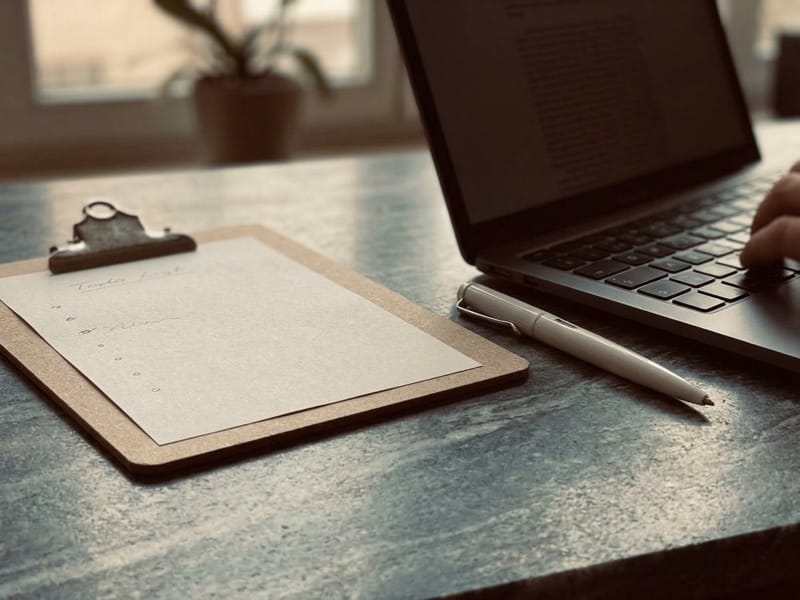 Clipboard with a blank sheet and pen beside a hand typing on a laptop