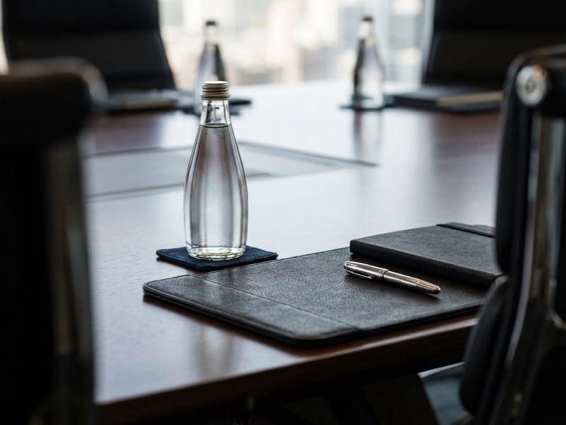 Glass water bottle and leather folder with pen laid out on a boardroom table
