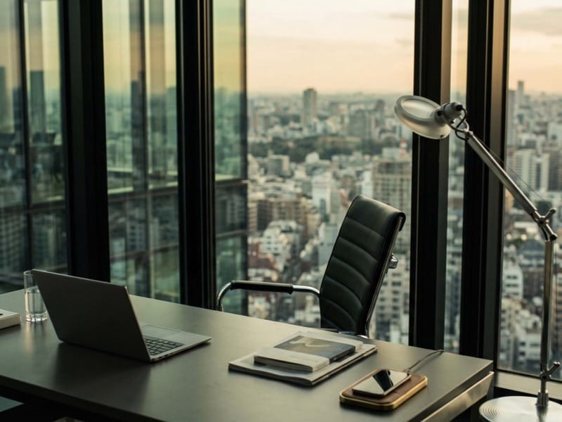 High-rise office desk with laptop, lamp and leather chair overlooking a city skyline at dusk