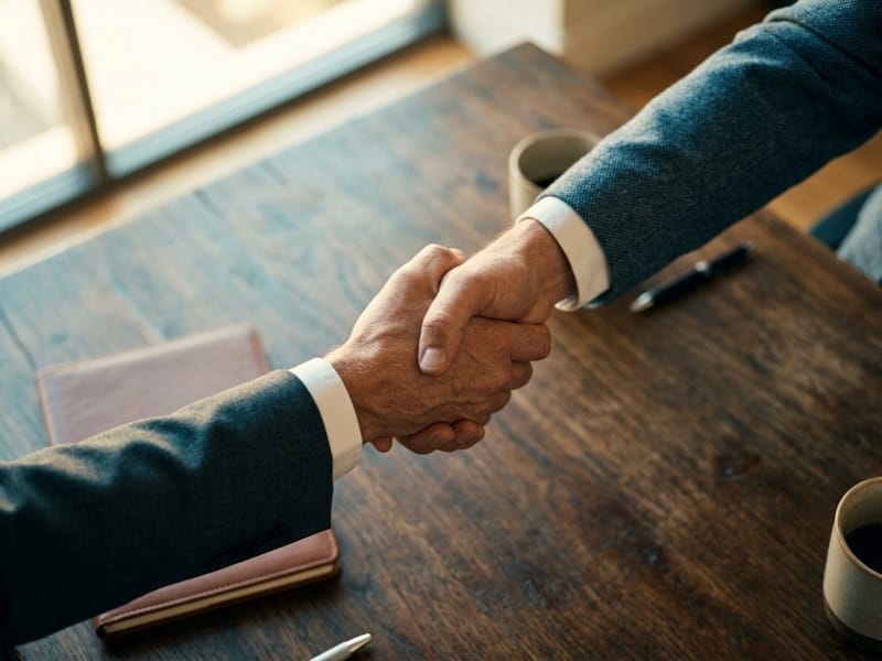 Two people in blue suits shaking hands across a wooden desk