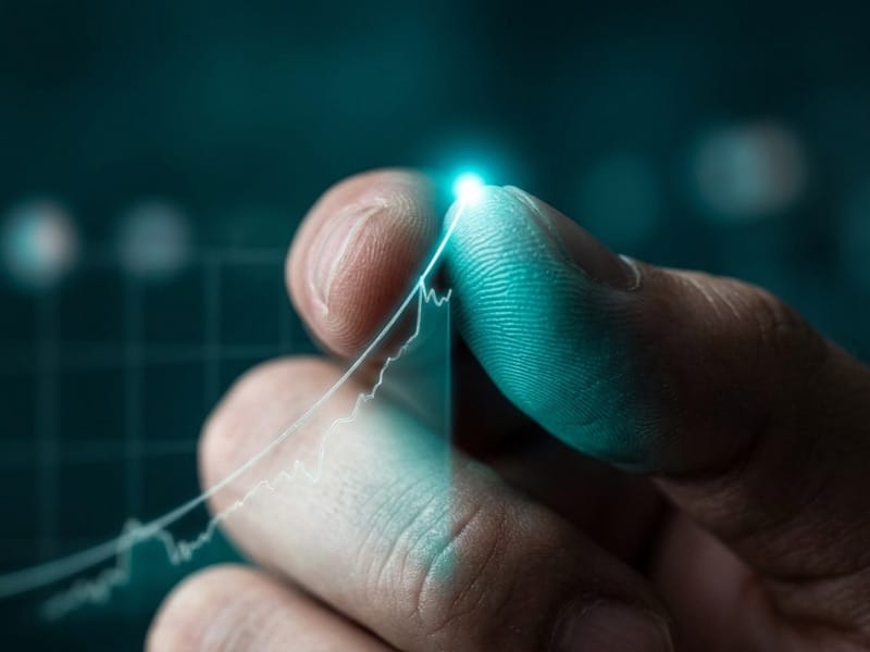 Fingertip touching a glowing point on a rising line chart against a dark teal background