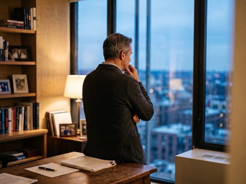 Grey-haired man standing at an office window at dusk with his hand raised to his chin