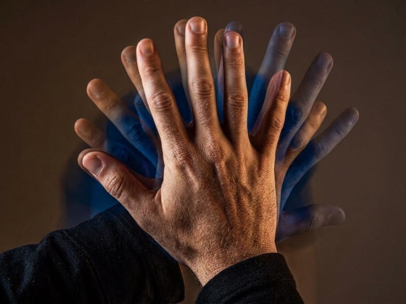 Raised hand with spread fingers trailed by blurred blue ghost images of itself