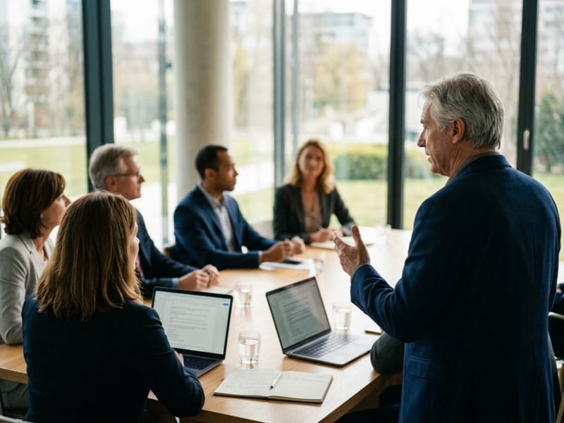 Grey-haired man in a suit standing to speak to five colleagues at a conference table