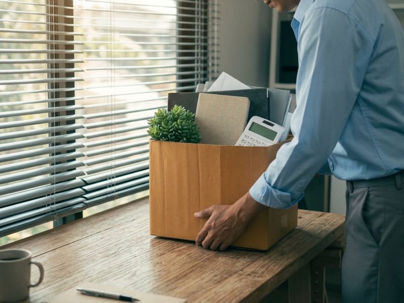 Man in a blue shirt lifting a cardboard box of desk belongings from a table near window blinds