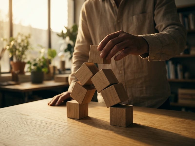 Person stacking wooden cubes into an arch on a table in a warmly lit room with plants