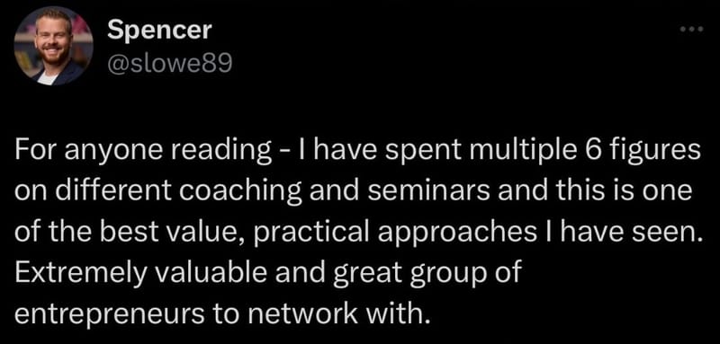 A tweet from Spencer (@slowe89) praising the coaching as one of the best-value, most practical approaches he has seen