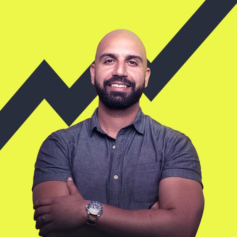 Headshot of Ayman Al-Abdullah against a yellow background with an upward growth line