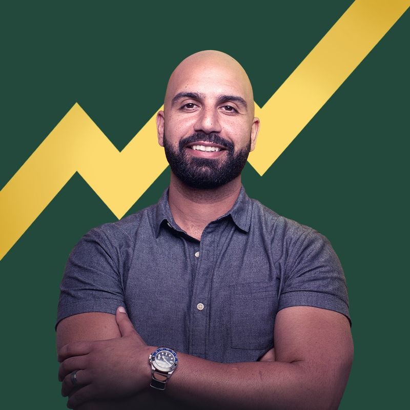 Headshot of Ayman Al-Abdullah against a green background with a gold upward growth line