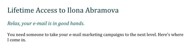 Excerpt from Ilona Abramova's cover letter headed Lifetime Access to Ilona Abramova, with the line Relax, your e-mail is in good hands