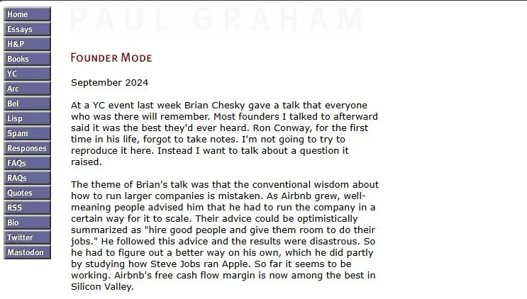 Screenshot of Paul Graham's 2024 essay titled Founder Mode