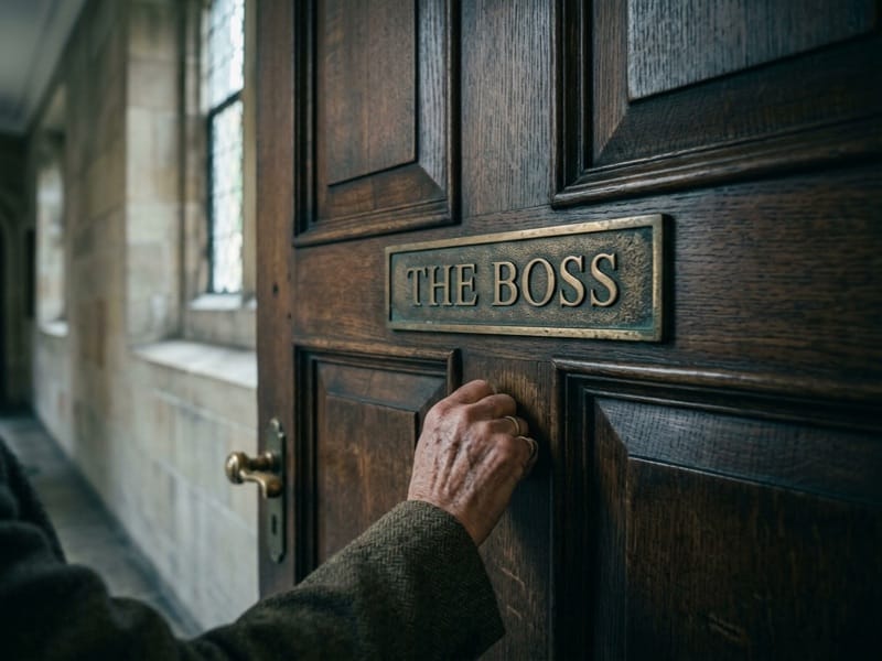 Hand reaching toward a wooden door with a brass plaque that reads The Boss